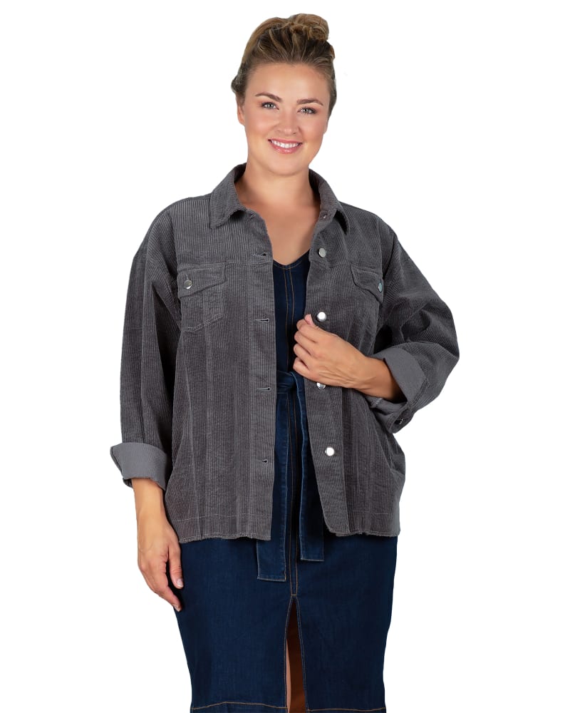 Front of a model wearing a size L Jasmine Corduroy Jacket in Charcoal by Standards & Practices. | dia_product_style_image_id:280827